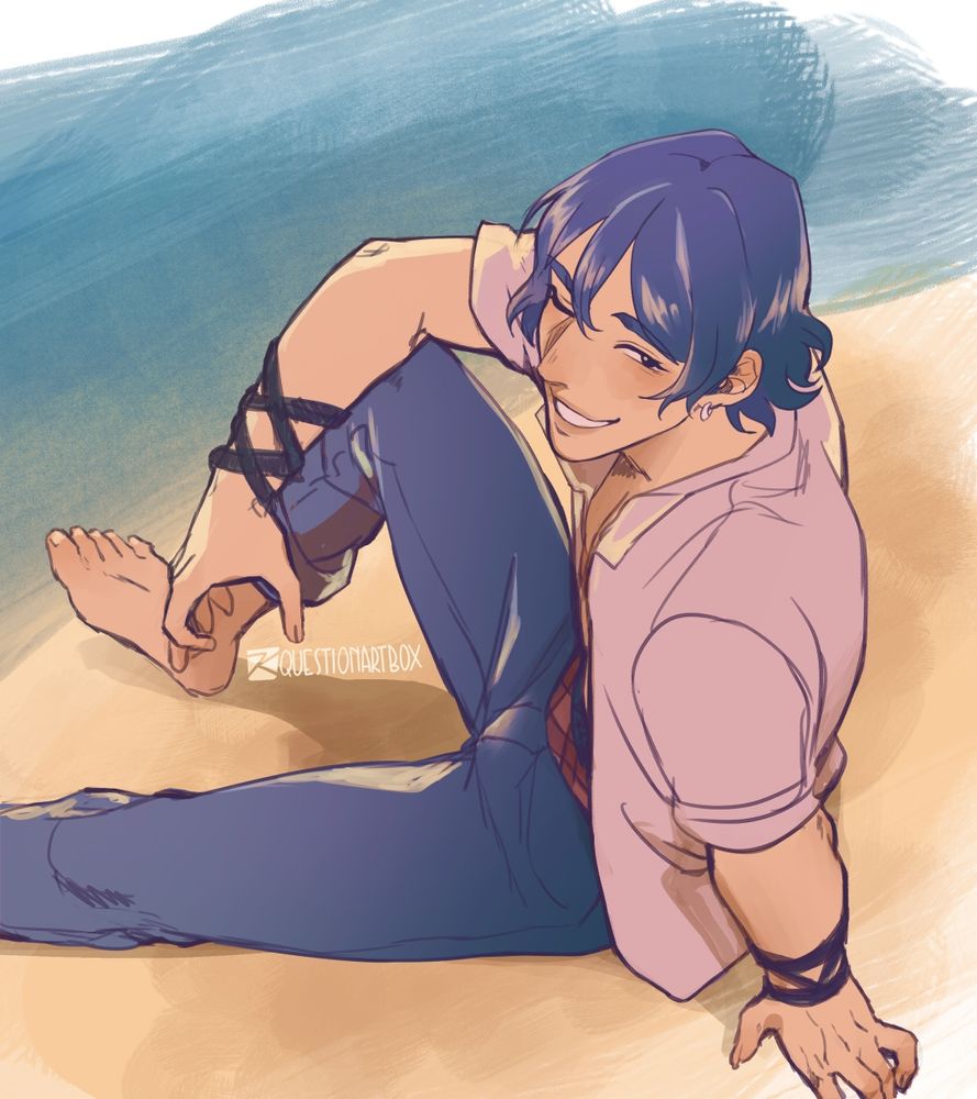 Sketch of Balor sitting on the beach, just by the water. He's resting his weight on his left hand and turning to look up at us with a smile and a little wink.