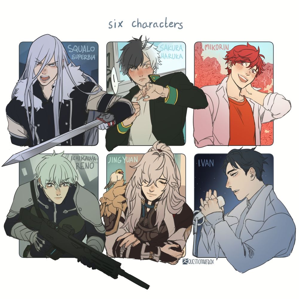 Assorted characters from mixed medias! Squalo from Katekyo Hitman Reborn!, Sakura from Wind Breaker, Mikoshiba Mikoto (Mikorin) from Gekkan Shoujo Nozaki-kun, Reno from Kaiju no 8, Jing Yuan from Honkai: Star Rail and Ivan from Alien Stage.