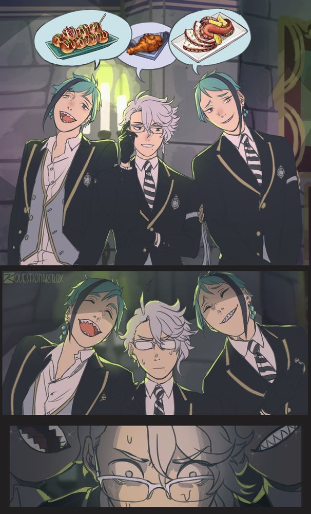 Comic. Octavinelle trio responding to the question with their favourite foods (takoyaki for Floyd, fried chicken for Azul, octopus carpaccio for Jade). The twins speak at the same time as Azul, and we then zoom in on Azul becoming more and more tense as he realizes...