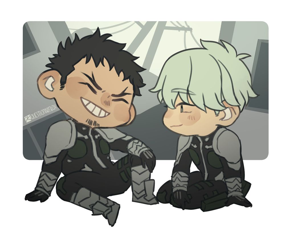 Chibis of Hibino Kafka and Ichikawa Reno sitting on the ground, probably after battle. The buildings are crooked, but they're in a good mood.