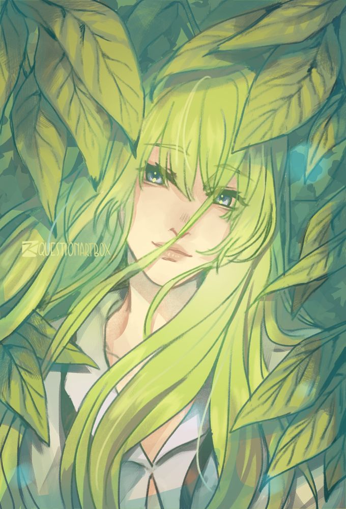 Enkidu from Fate, surrounded by large leaves.