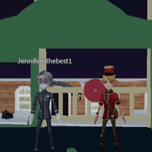 two cartoon characters standing in front of a building with jenniferisthebest1 written on the bottom right