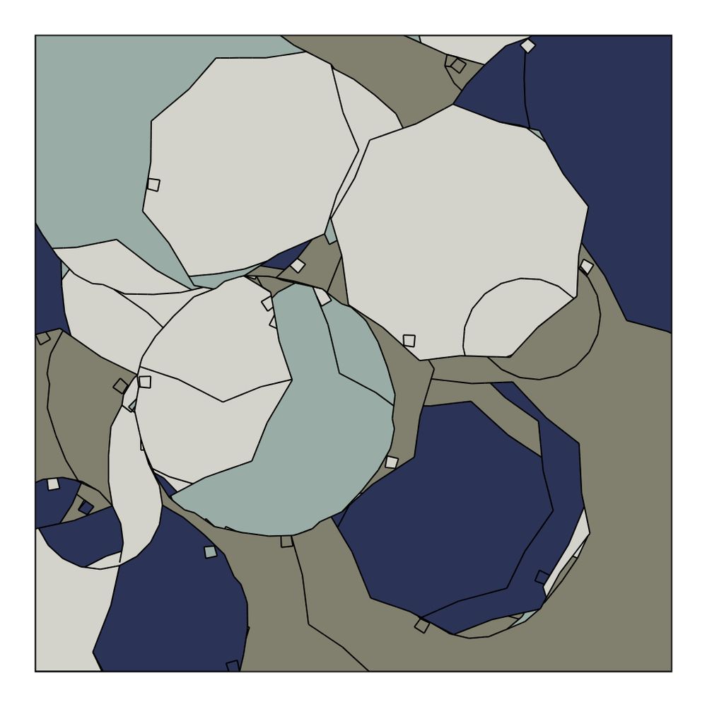 This image shows an abstract composition of irregular, multi-sided shapes in muted colors including gray, blue, green, and brown. The shapes overlap and fill the square canvas, forming a mosaic-like pattern with soft edges and varied sizes. The overall style resembles a geometric or organic abstraction, without any recognizable objects or figures.