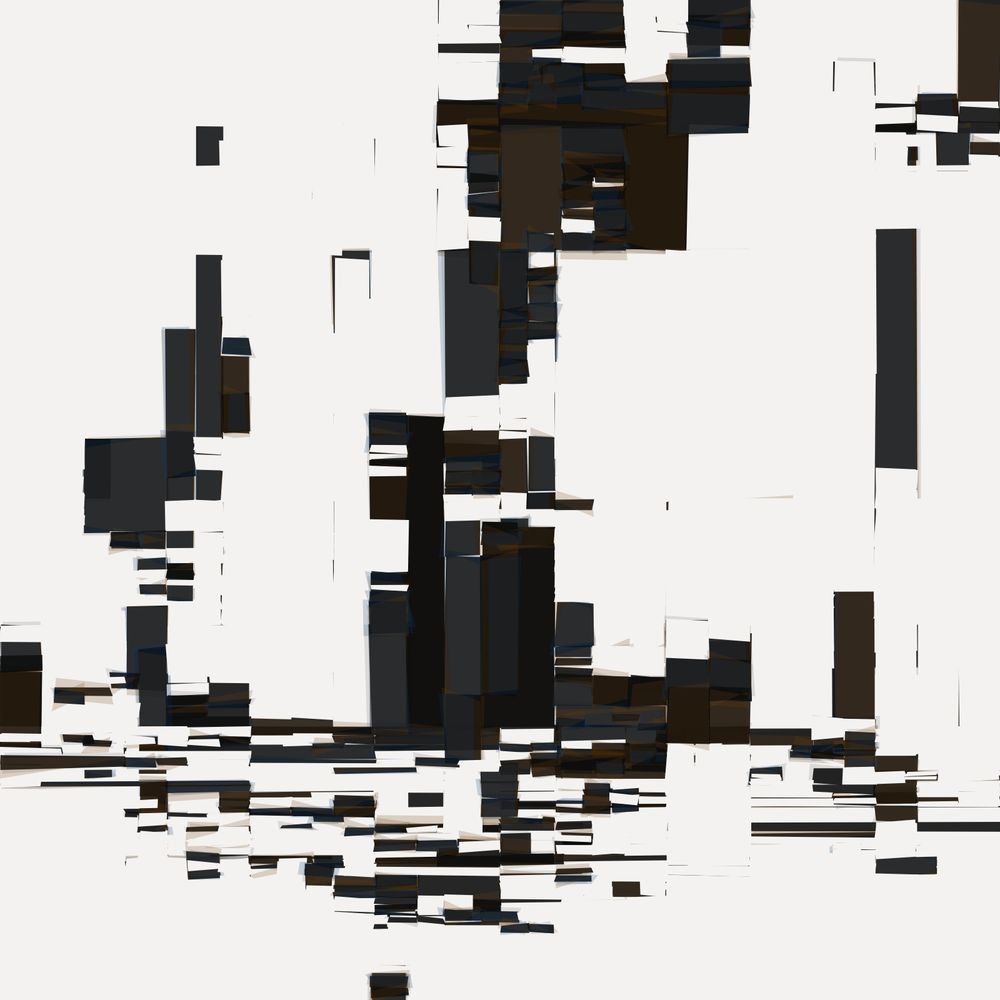 A series of abstract, fragmented black and brown rectangular shapes on a stark white background. The arrangement of the shapes creates a visually dynamic composition that appears almost like a glitchy cityscape or digital collage, with some areas densely packed and others sparse. The images vary slightly in the density and placement of these blocks, giving the impression of subtle movement or variation across the frames.