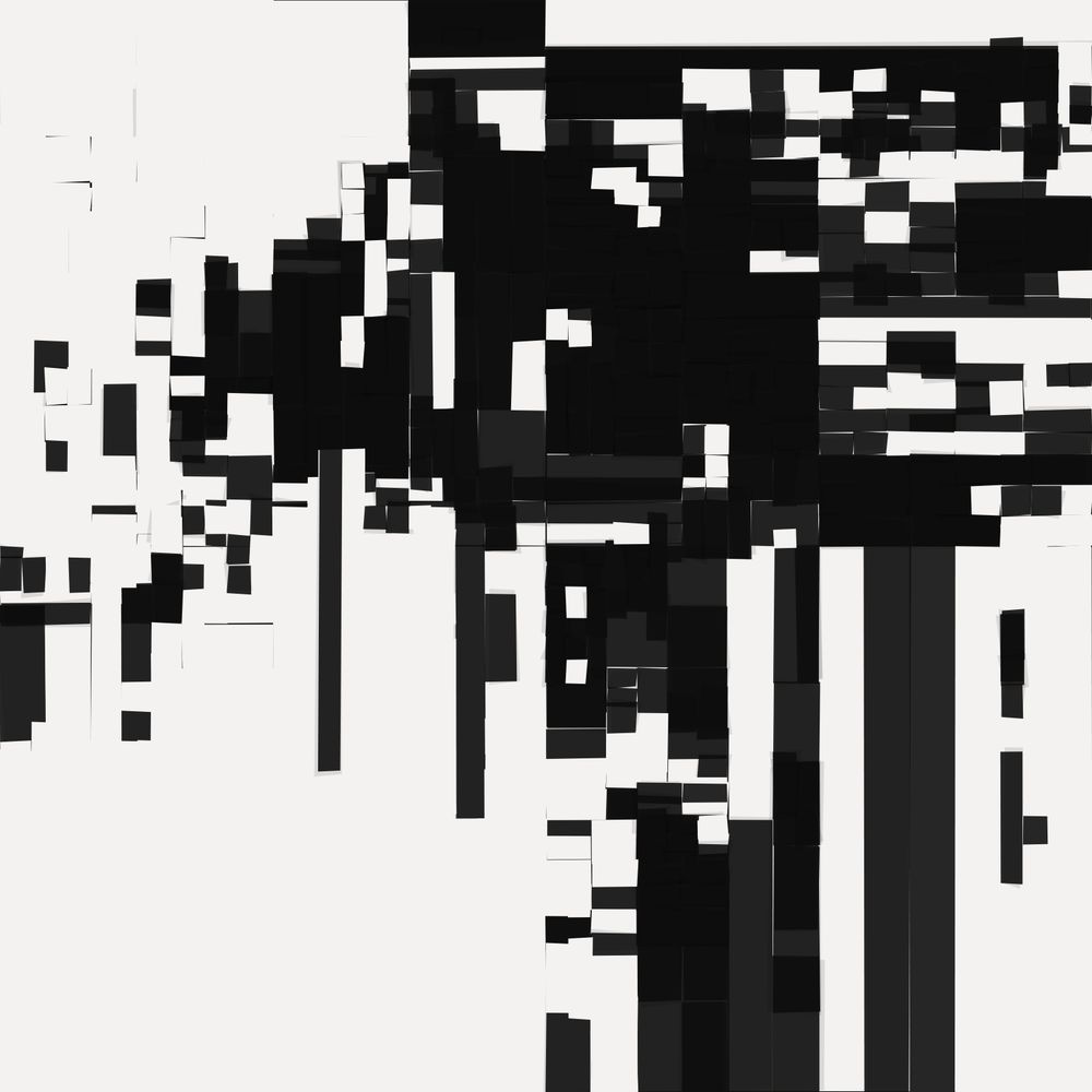 An abstract digital artwork composed of black, white, and grayscale rectangular and square shapes arranged in a fragmented, grid-like pattern. The overall appearance is glitch-like, with some areas densely filled with shapes and others sparsely populated, creating a sense of movement and disorientation.