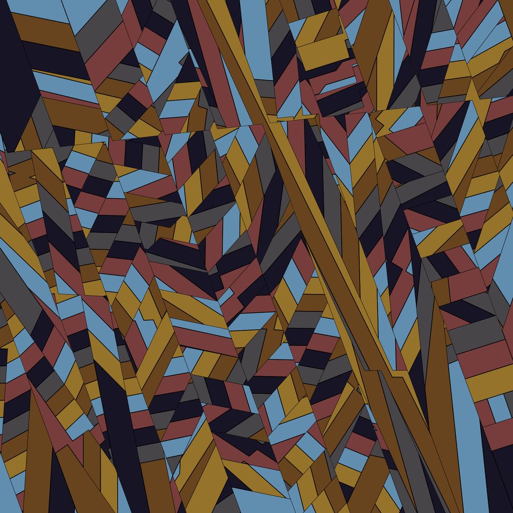 Abstract geometric artwork featuring a dense pattern of interlocking, angular shapes in earthy tones of mustard yellow, muted red, slate blue, black, and gray. The composition is dynamic and layered, creating a sense of depth and movement through sharp lines and diagonal orientations.