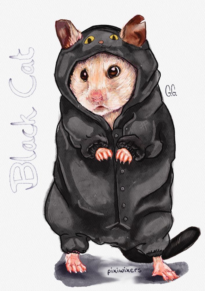 A digital watercolour illustration of a cream-white hamster wearing a black cat onesie. She is standing on her hind legs, with her little hands tucked up towards her chest.