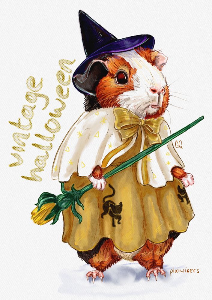 A digital watercolour illustration of a red, white, and black guinea pig wearing a vintage witch costume for Halloween. She is holding a dandelion stalk in the manner of a witch's broom.