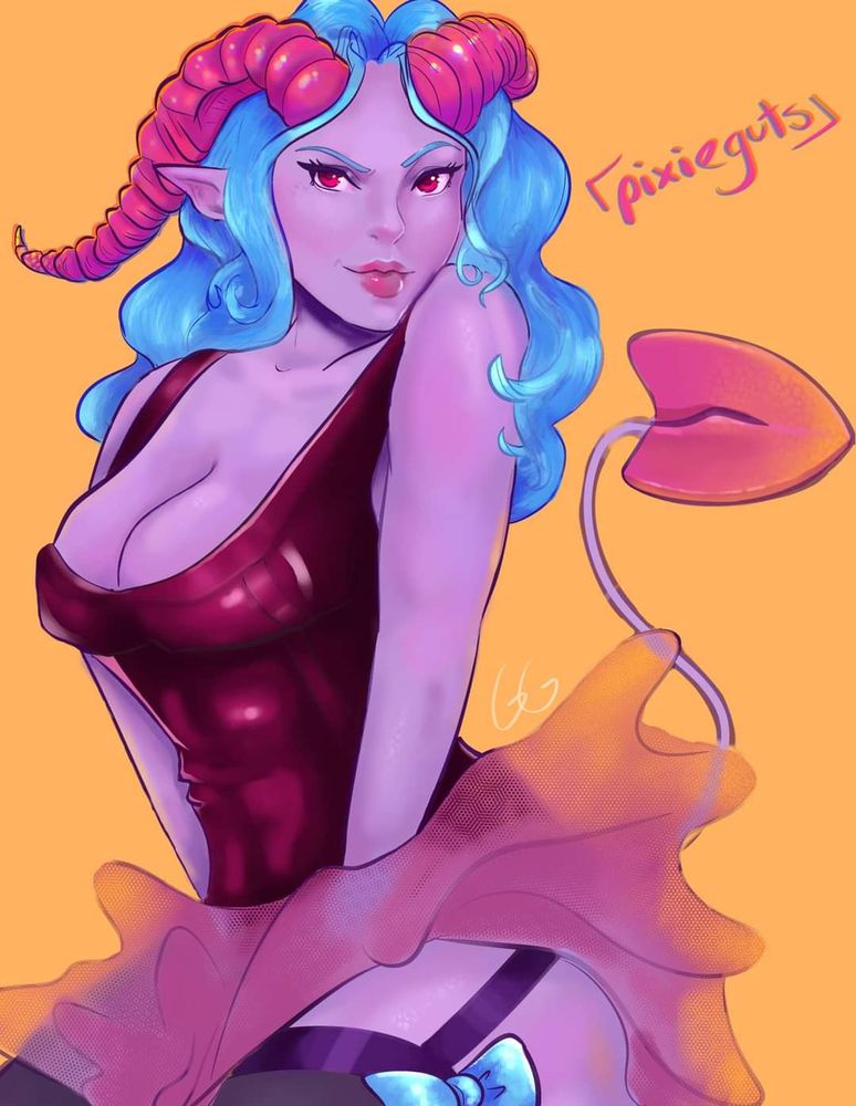 A pinup image of a demon woman, dressed in a corset and flowy skirt. Colour palette is the bi flag.