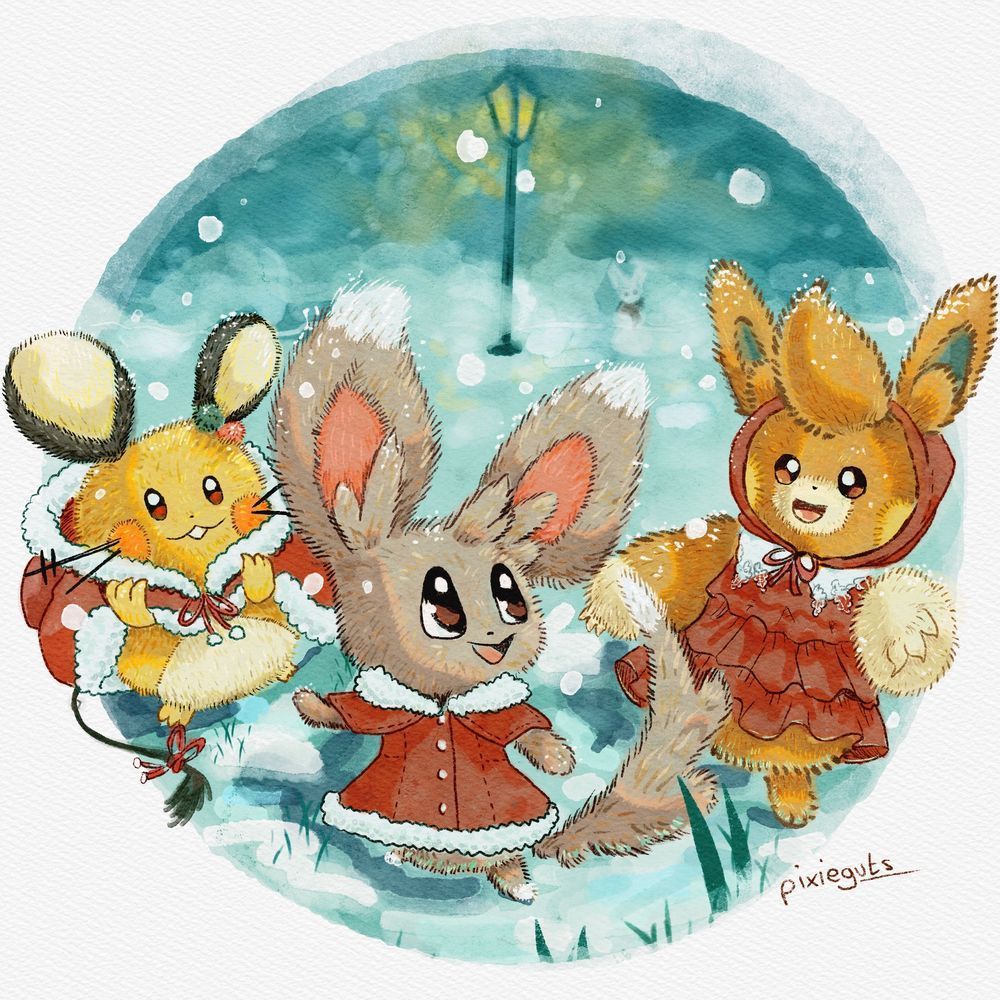 A digital watercolour piece depicting three pokemon: dedenne, minccino, and pawmi, in holiday costumes in the snow. They have happy expressions while dancing together.