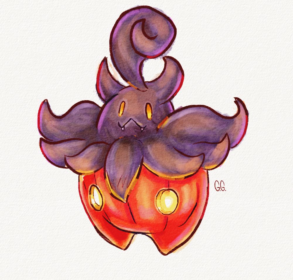 a digital watercolour painting of the pokemon pumpkaboo - a cross between a pumpkin and a cat. 