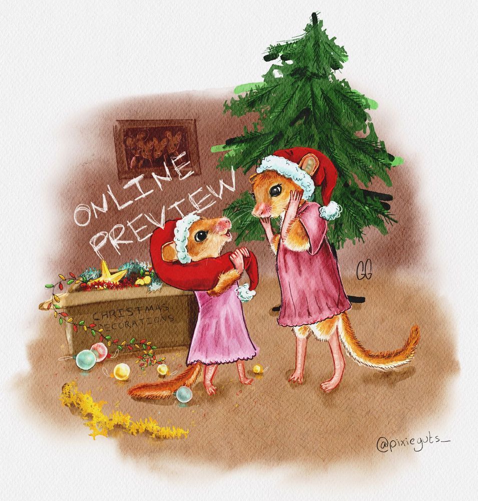 Two dormouse siblings exploring a box of Christmas decorations, and finding a very long Christmas hat! The siblings are dressed in pink nightgowns, and stand in front of a Christmas tree.