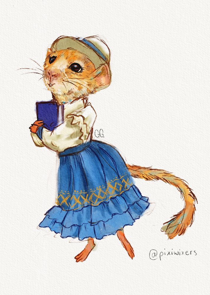 A digital watercolour illustration of a hazel dormouse character, clutching a blue book in her arms and gazing upwards. She wears a cream collared blouse, ornate, frilled blue skirt, and cream boater hat with blue ribbon.