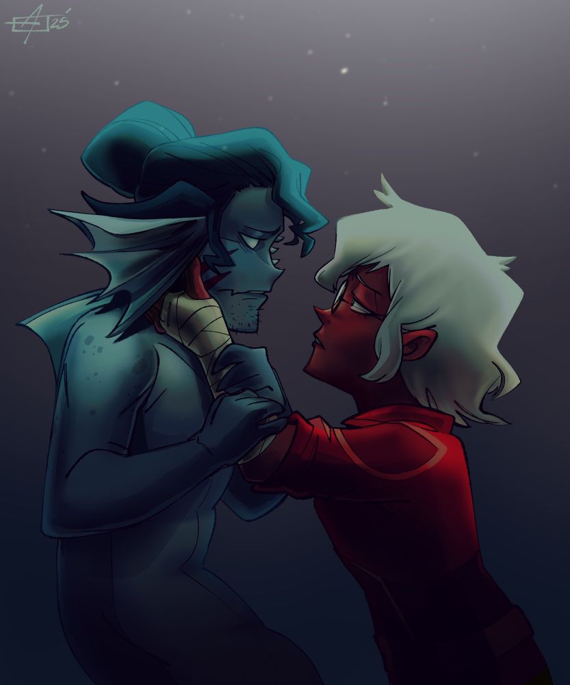 a picture of my ocs Leviathan and Rebecca together. Rebecca is holding Leviathan's face while he is holding onto her arm. the lighting is dim but intimate, a moment of understanding between each other. this was a commission drawn by RadioVomit. 