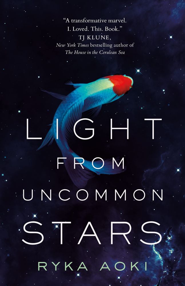 Book cover for loght from incommon stars. A koi fish swimming over a background of stars. 