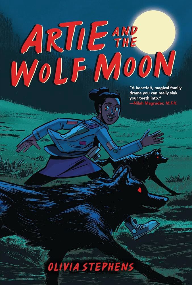 A girl running with two wolves in the night