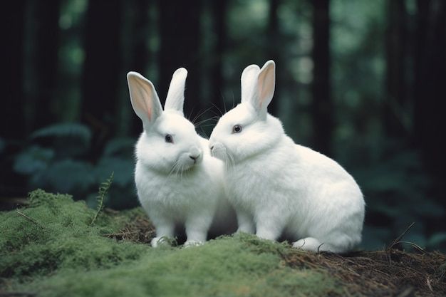 Two pure white rabbits in an out of focus pine forrest.
