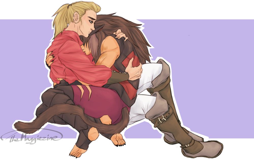 Adora cradling a clearly depressed Catra against her. Catra's embrace is looser, but her face is buried in her shoulder
