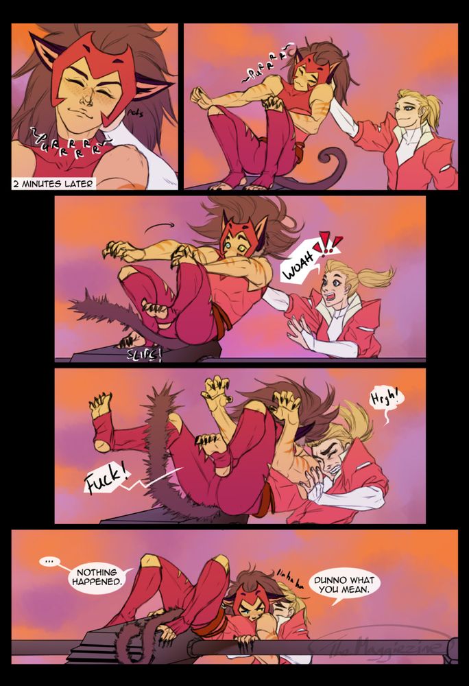 Unfortunately Catra gets too into it and loses her balance, resulting in Adora having to catch her from eating shit