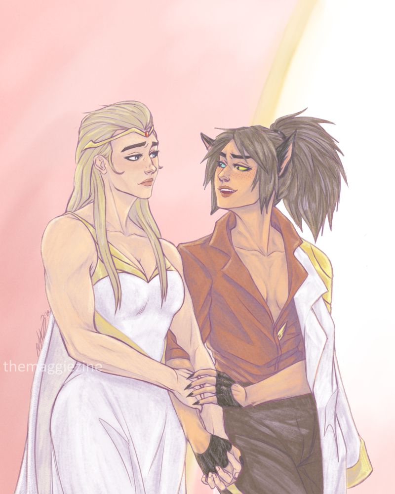 Future vision versions of Adora and Catra from She-Ra. Catra in an open button up and white and gold jacket teases Adora clad in a princess gown and headband. 
