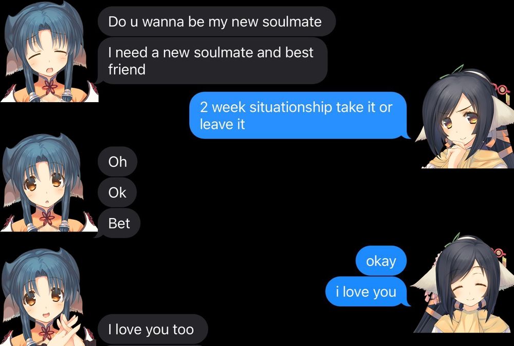 Text conversation between Atuy and Kuon from Utawarerumono where they get into a 2 week situationship just because 