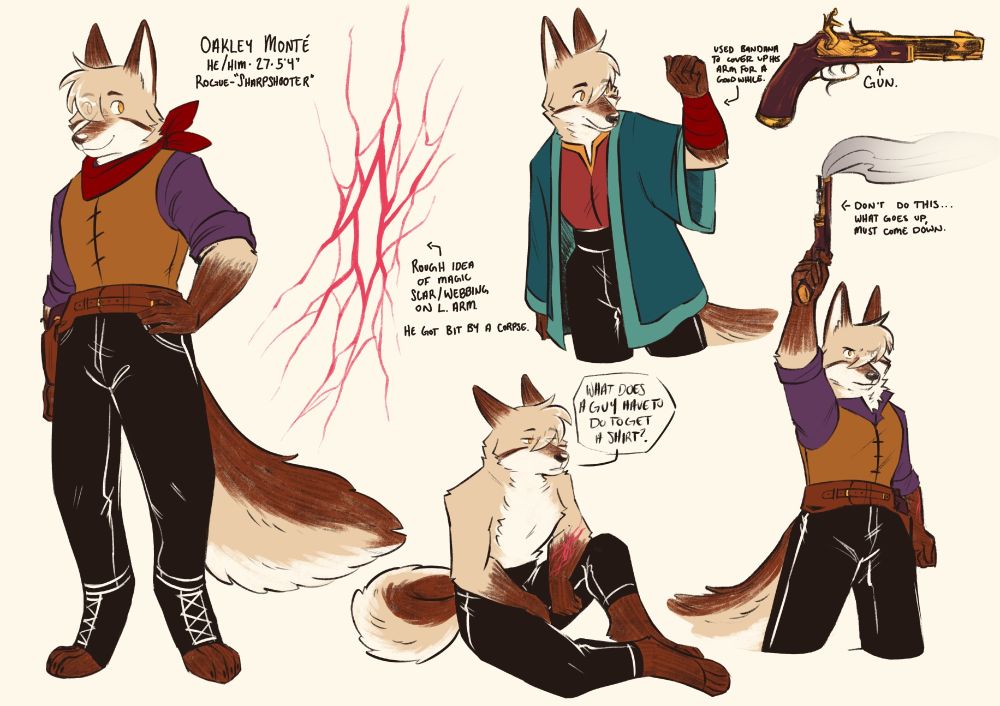 Reference sheet of an anthro coyote character that has a gun.