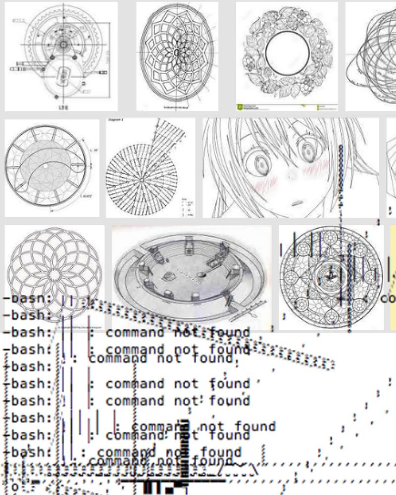 A collage-style digital image composed of multiple smaller pictures arranged in a grid. Most of the images are black-and-white technical drawings, diagrams, and geometric patterns, such as circular gear-like schematics, floral mandala-like designs, and radial charts with lines and numbers. One square in the middle right shows an anime-style drawing of a surprised girl with wide eyes, a small open mouth, and blushing cheeks in faint pink color, which is the only noticeable use of color in the collage. The bottom section of the image is overlaid with glitch-like text and ASCII art from a terminal. The repeated text is in black and says "-bash: ... command not found" several times, with vertical and horizontal lines of ASCII characters scattered across the white background, giving the impression of corrupted or broken code. The overall effect mixes precise technical diagrams, hand-drawn art, and computer error output into a single chaotic composition.