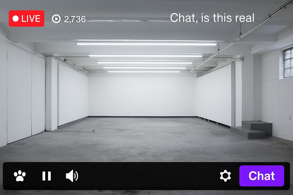 panke.gallery, Berlin: a minimal, empty white gallery with concrete flooring and stark fluorescent lighting is shown in a livestream format. The top left corner displays a red "LIVE" icon and viewer count (2,736). In the top right, white text reads, "Chat, is this real." The bottom features a black livestream interface bar with icons for chat, sound, pause, and settings. A prominent purple "Chat" button stands out on the lower right. The gallery has an uncanny, surreal atmosphere—clean, clinical, and devoid of any furniture or people.