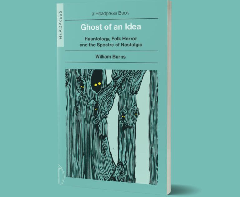 Green paperback book cover with woodcut black illustration of tree hollows with yellow eyes. Ghost of an Idea by William Burns