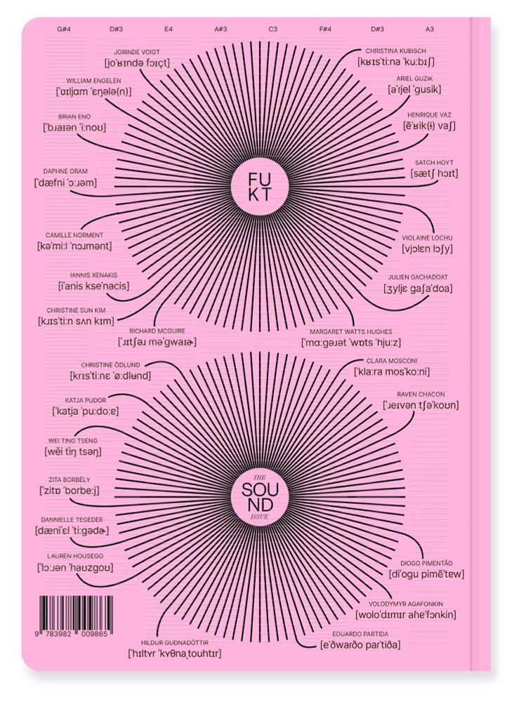FUKT Magazine, the Sound Issue, pink graphic magazine back cover. 
