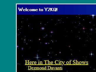 Screenshot of Y2K Quarterly fifth issue featuring my poem Here in the City of Shows. Those of us old enough can still hear the AOL startup squeals in the vintage layout. Exquisite.