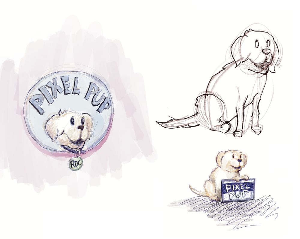 Three sketches of Franny the dog. The left is her head with a collar on. The collar has a medallion that says "RDC" on it (retro dot cards). The upper right is a line ink drawing of her entire body, and the lower right is a drawing of her holding up a sign that says "pixel pup".