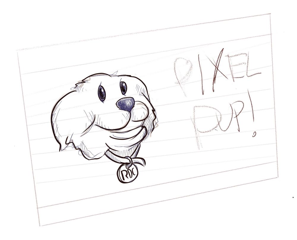 A sketch of the main PixelPup e-reader card. It’s almost entirely just simple pencil lines but with a more detailed ink drawing of Franny the dog smiling. She is wearing a collar that has an “RDC” pendant on it.