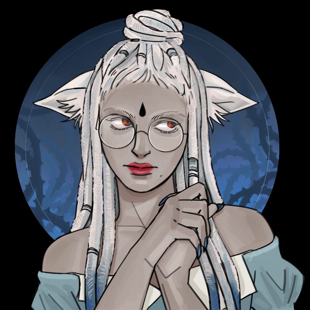 art piece by ferkashi! a grey miqo'te with red eyes and white locs with blue tips at the ends. her nails are sharp and also the same shade of blue with a vine backdrop. 
