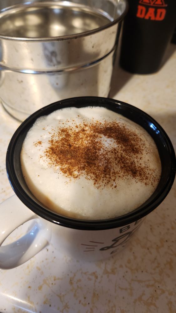 Finished cappuccino, complete with a sprinkle of cinnamon.