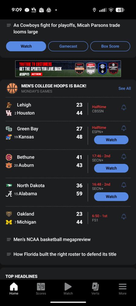 College basketball scoreboard with a bunch of games that aren't Florida-Arizona