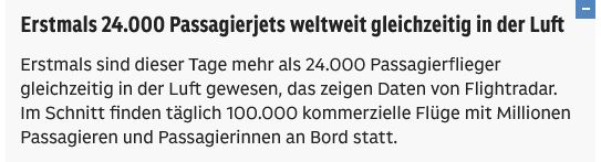 Screenshot von orf.at, wonach erstmals 24.000 Passagierjets weltweit gleichzeitig in der Luft waren