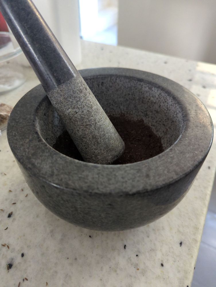 A picture of my new mortar and pestle, it's dark gray granite any very pretty 😍