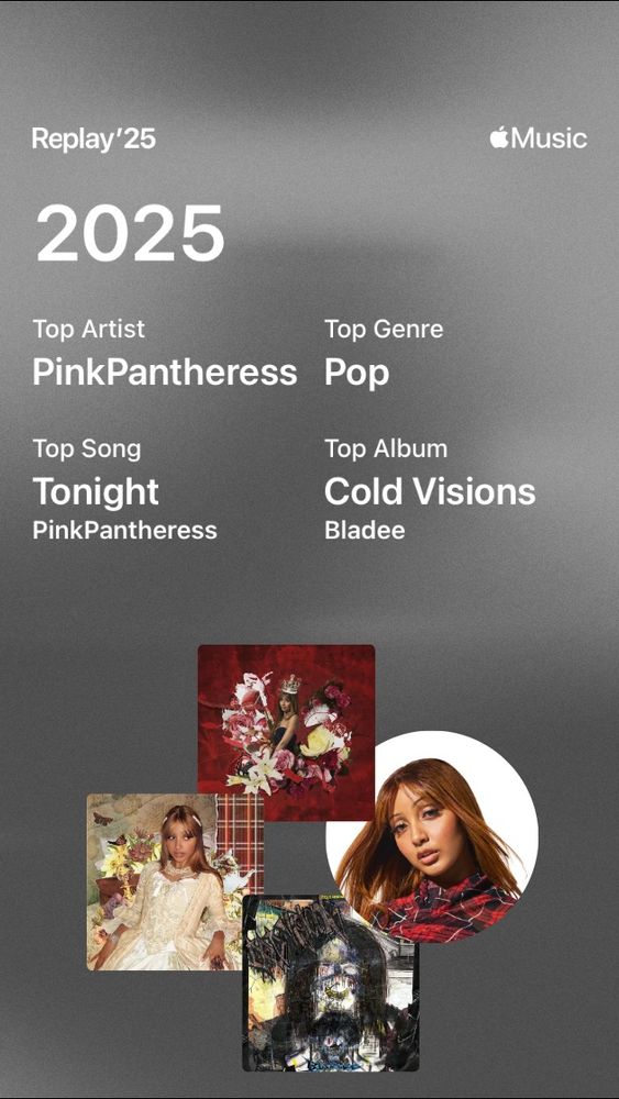Apple Music Replay 2025
Top Artist: PinkPantheress
Top Genre: Pop
Top Song: Tonight by PinkPantheress
Top Album: Cold Visions by Bladee