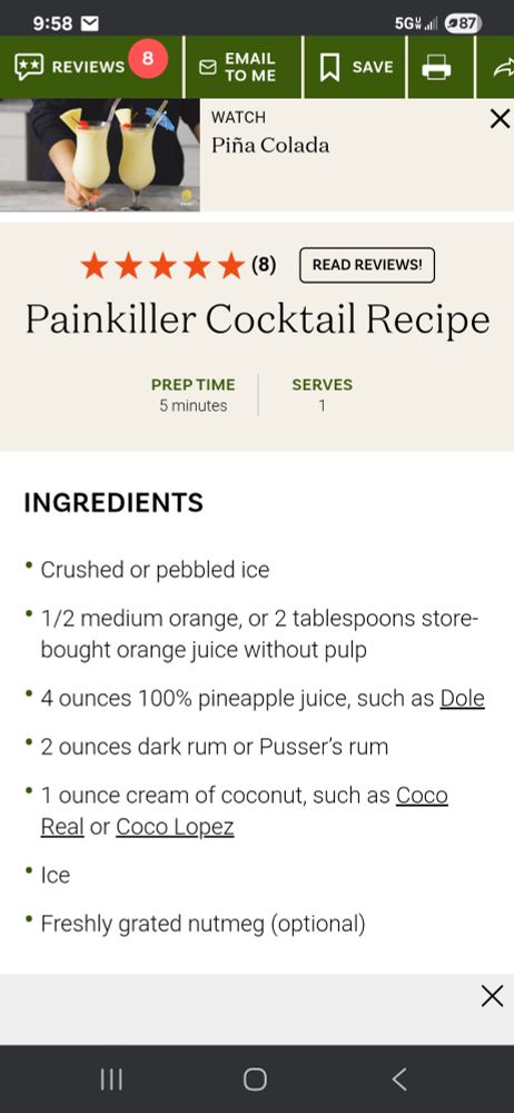 Recipe for a Painkiller Cocktail.