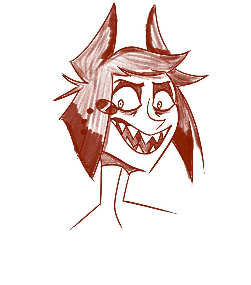 Alastor from Hazbin Hotel, drawn from the neck up with a look of displeased surprise on his face. 