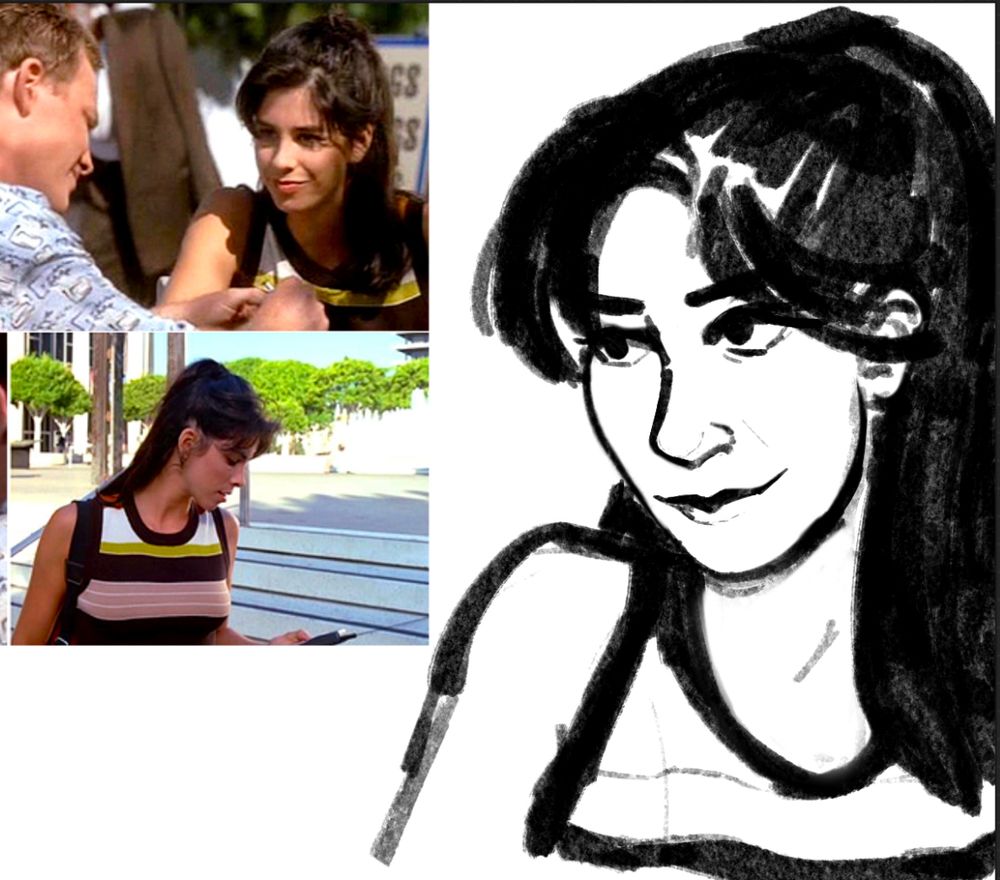A sketchy redraw of Rain Robinson (played by Sarah Silverman) in a screenshot from the Star Trek Voyager 2 parter “Future’s End.” In it she looks at Tom Paris with a small smile on her face. 
