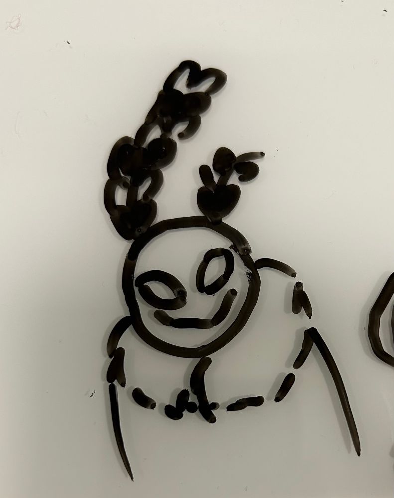 A doodle of Valentino on a white background from the neck up. He is looking at the viewer with a closed mouth smile. He looks cozy, perhaps he has no thoughts in his head