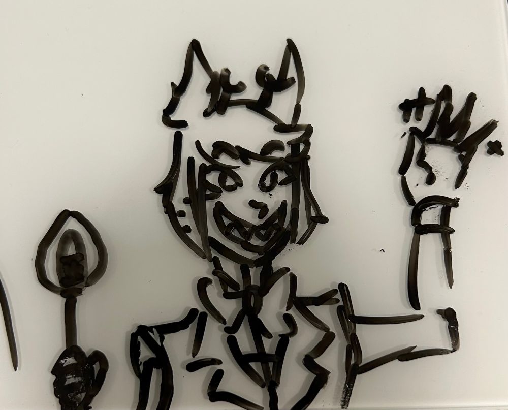 A doodle of Alastor from the chest up on a white background. He holds his cane in his right hand and his left is raised with motion lines next to his fingers indicating a wave. 