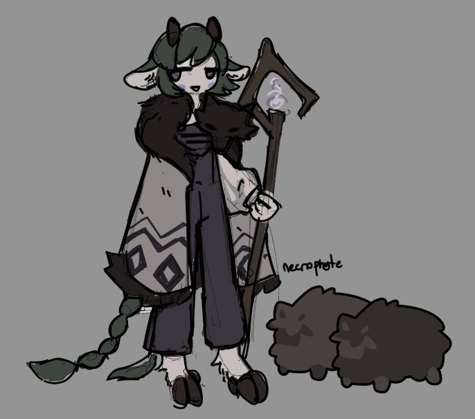 a green-haired sheepling girl with long twin braids. she has green hair and wears a thick winter cloak with a wolfskin hood. she has a wooden staff, curling at the top around a little purple flame. two goofy little sheep stand beside her, probably sharing a single braincell with each other.