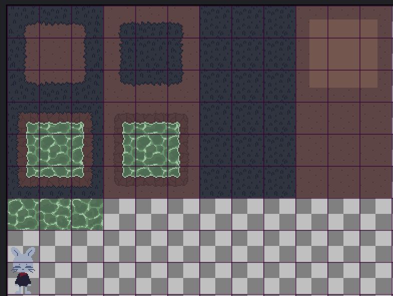 A work-in-progress pixel-style tile map. The grass is a dark blue-gray, and the water is a sickly blue-green. There is also a little white bunny character in a dark blue top with a red bandana on its neck. It's my first try at this sort of thing. 