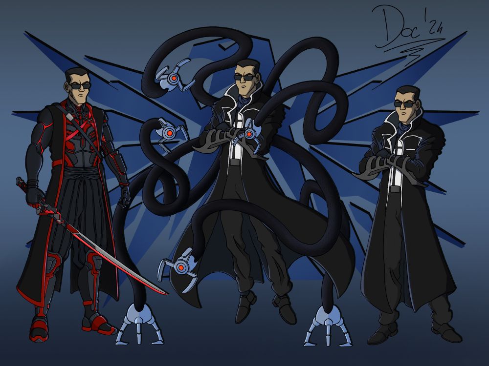 Picture of three versions of a fan version of Agent Bishop from TMNT reimagined in a cyberpunk contest. He's seen standing and balancing on his robotic tentacles, as well as posing in his battle gear while holding his katana.