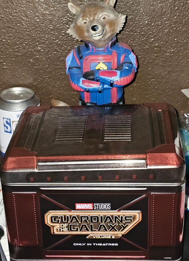 Rocket Raccoon popcorn box from GotG Vol.3. Currently in use as a key box