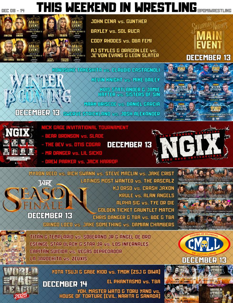 THIS WEEKEND IN WRESTLING
WWE Saturday Night’s Main Event - John Cena’s Final Match
☑️John Cena vs Gunther
☑️Bayley vs Sol Ruca
☑️Cody Rhodes vs Oba Femi
☑️AJ Styles & Dragon Lee vs Je’Von Evans & Leon Slater
AEW Collision - Winter is Coming
☑️Konosuke Takeshita vs Claudio Castagnoli
☑️Kevin Knight vs Mike Bailey
☑️Kris Statlander & Jamie Hayter vs Sisters of Sin
☑️Mark Briscoe vs Daniel Garcia
☑️Swerve Strickland vs Josh Alexander
GCW Nick Gage Invitational X
☑️Bear Bronson vs SLADE
☑️The Bev vs Otis Cogar
☑️Mr Danger vs Lil Sicko
☑️Drew Parker vs Jack Harrop
REVOLVER Season Finale
☑️Myron Reed vs Rich Swann vs Steve Maclin vs Jake Crist
☑️Latinos Most Wanted vs The Rascalz
☑️KJ Orso vs Crash Jaxon
☑️Krule vs Alan Angels
☑️Alpha Sig vs Tye Or Die
☑️Golden Ticket Gauntlet Match
☑️Chris Danger & TBA vs BDE & TBA
☑️Gringo Loco vs Jake Something vs Damian Chambers
CMLL Sábado de Coliseo
☑️Titán & Templario vs Soberano Jr & Ángel De Oro
☑️Esfinge, Star Black & Star Jr vs Los Infernales
☑️Capitán Suicida vs Vegas Depredador
☑️La Jarochita vs Zeuxis
NJPW World Tag League
☑️Yota Tsuji & Gabe Kidd vs TMDK (ZSJ & Oiwa)
☑️El Phantasmo vs TBA
☑️YOH, Master Wato & Toru Yano vs House of Torture (EVIL, Narita & SANADA)
#WWERAW #WWENXT #SmackDown #AEWDynamite #AEWRampage #TNAImpact #NJPWStrong #WWE #AEW #NJPW #GCW #ROH #HonorClub #AEWCollision #NJWTL #GCWNGIX #SNME #REVOLVERFinale #JCWRoundball #WrestleSky