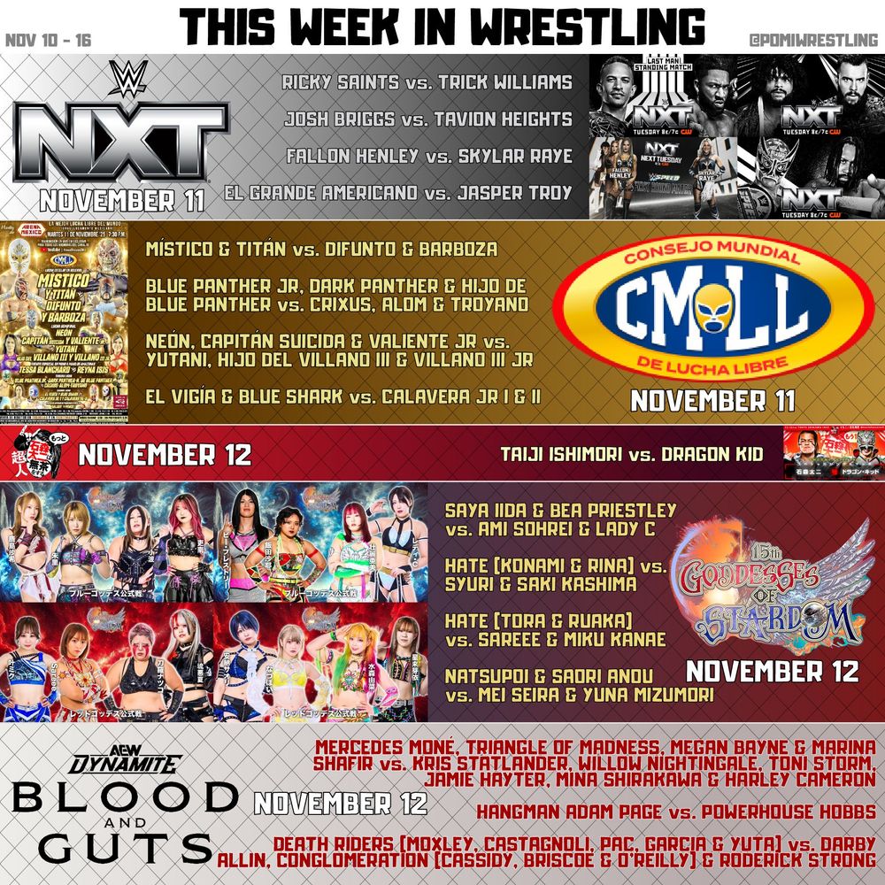 THIS WEEK IN WRESTLING
WWE NXT
☑️Ricky Saints vs Trick Williams
☑️Josh Briggs vs Tavion Heights
☑️Fallon Henley vs Skylar Raye
☑️El Grande Americano vs Jasper Troy
CMLL Viernes de Arena México
☑️Místico & Titán vs Difunto & Barboza
☑️Blue Panther Jr, Dark Panther & Hijo de Blue Panther vs Crixus, Alom & Troyano
☑️Neón, Capitán Suicida & Valiente Jr vs Yutani, Hijo del Villano III & Villano III Jr
☑️El Vigía & Blue Shark vs Calavera Jr I & II
NJPW SuperHuman Taiji Ishimori Gets Ridiculous One More Time
☑️Taiji Ishimori vs Dragon Kid
STARDOM 15th Goddesses of Stardom Tag League
☑️Saya Iida & Bea Priestley vs Ami Sohrei & Lady C
☑️HATE (Konami & Rina) vs Syuri & Saki Kashima
☑️HATE (Tora & Ruaka) vs Sareee & Miku Kanae
☑️Natsupoi & Saori Anou vs Mei Seira & Yuna Mizumori
AEW Dynamite - Blood & Guts
☑️Mercedes Moné, Triangle of Madness, Megan Bayne & Marina Shafir vs Kris Statlander, Willow Nightingale, Toni Storm, Jamie Hayter, Mina Shirakawa & Harley Cameron
☑️Hangman Adam Page vs Powerhouse Hobbs
☑️Death Riders (Moxley, Castagnoli, PAC, Garcia & Yuta) vs Darby Allin, The Conglomeration (Cassidy, Briscoe & O’Reilly) & Roderick Strong
#WWERAW #WWENXT #SmackDown #AEWDynamite #AEWRampage #TNAImpact #NJPWStrong #WWE #AEW #NJPW #GCW #ROH #HonorClub #AEWCollision #TNATurningPoint #STARDOM #IshimoriMucha #WrestleSky